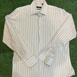 Hugo Boss Men's Light Blue and White Striped Shirt